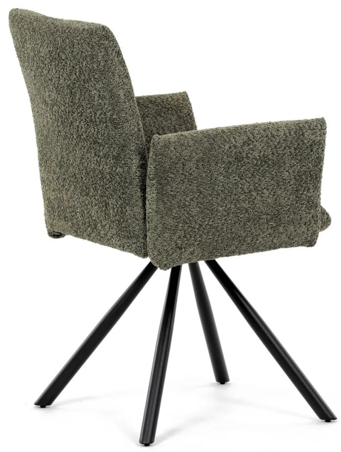 Scaun de sufragerie pivotant / Fotoliu de sufragerie, țesătură vintage verde, picioare din metal negru, mecanism de rotire 90°/90° (stânga/dreapta) - funcție de resetare
