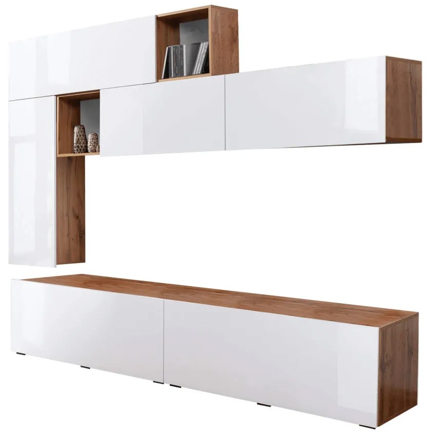 Nappali fal, fehér extra magas fényel HG/tölgyfa wotan, MIRALDA