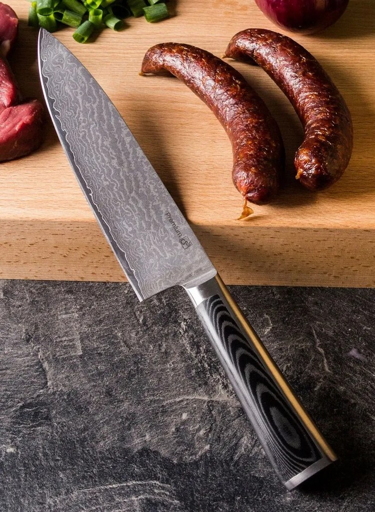 G21 Damascus Premium késkészlet bambusz blokkban, doboz, 5 db + köszörűkő