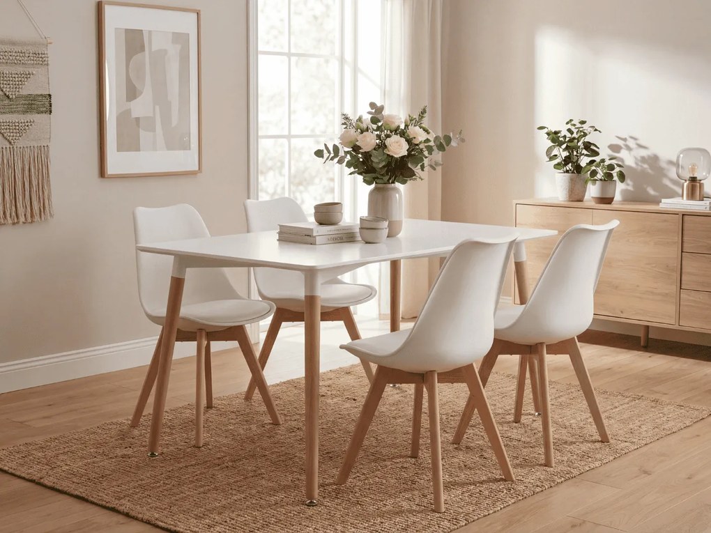 Étkezőgarnitúra 1 + 4, fehér asztal ADRIA 120x80 cm + fehér szék BALI MARK bükk lábakkal