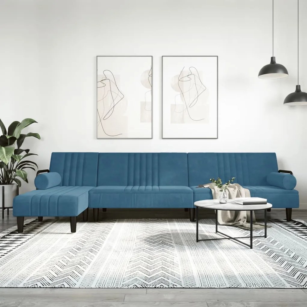 kék L-alakú bársony kanapéágy 260x140x70 cm