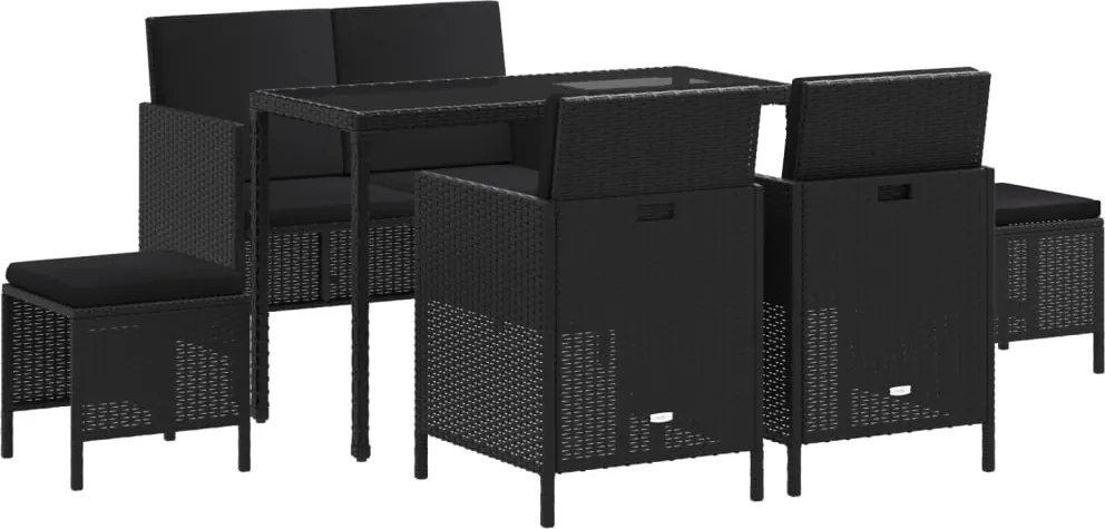 vidaXL 6 részes fekete polyrattan kerti étkezőgarnitúra párnákkal