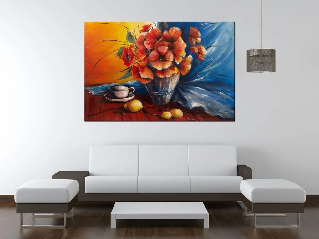 Gario Kézzel festett kép Pipacsokkal teli váza az asztalon Méret: 100 x 70 cm