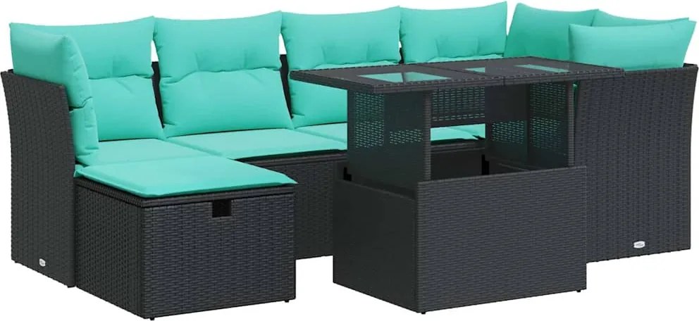 vidaXL 7 részes fekete polyrattan akácfa kerti ülőgarnitúra párnával