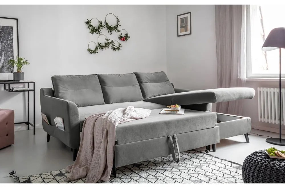 Stylish Stan világosszürke kinyitható bársony sarokkanapé, jobb oldali - Miuform