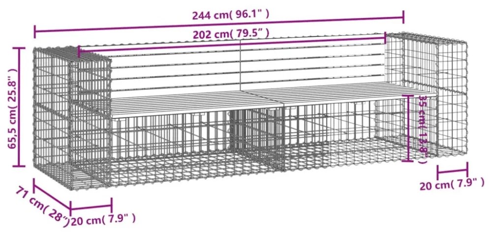 tömör fenyőfa gabion kerti pad 244x71x65,5 cm