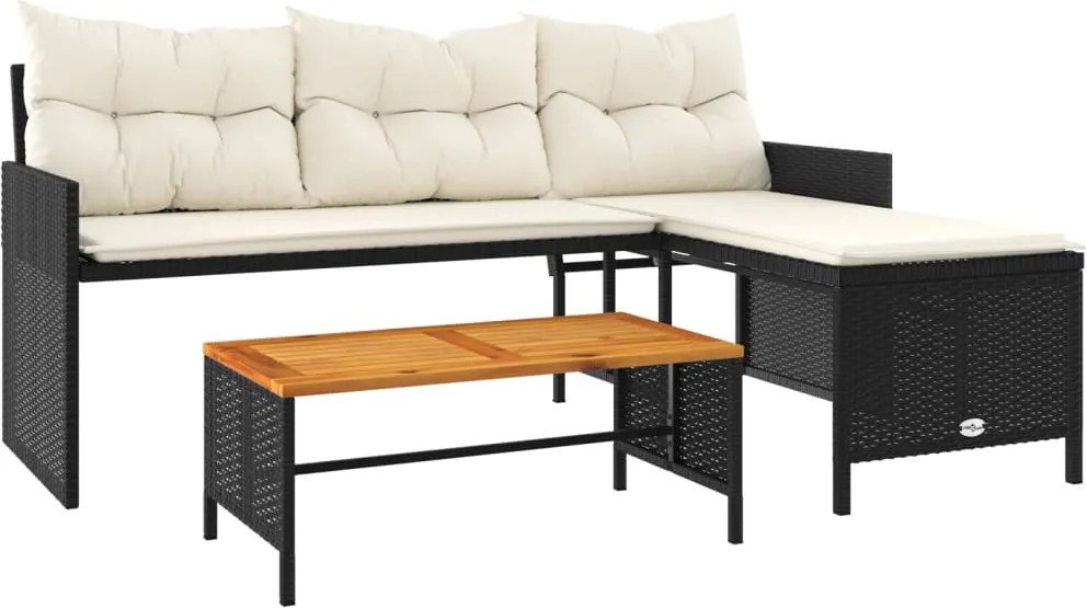 vidaXL L-alakú fekete polyrattan kerti kanapé asztallal és párnával