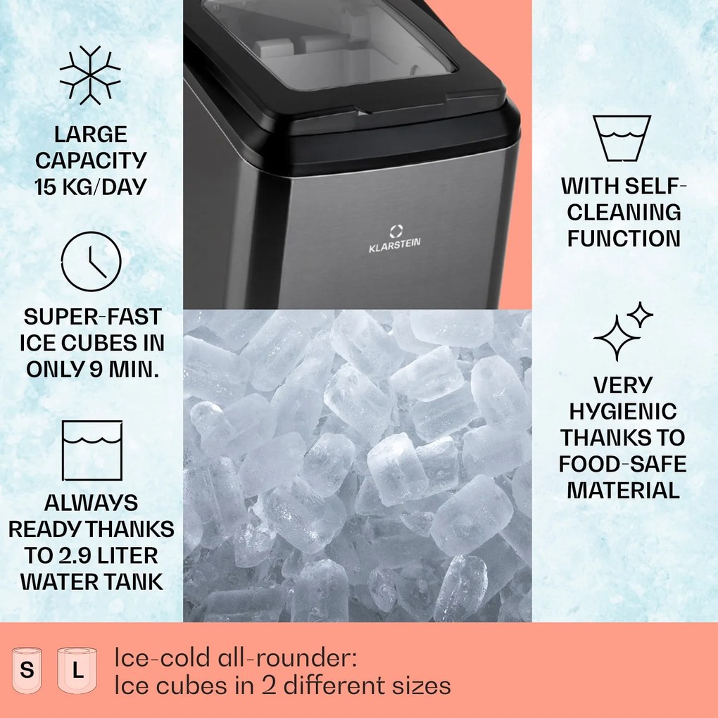 Klarstein Partytime, jégkocka készítő, tiszta jég, 15 kg/24 h, rozsdamentes acél
