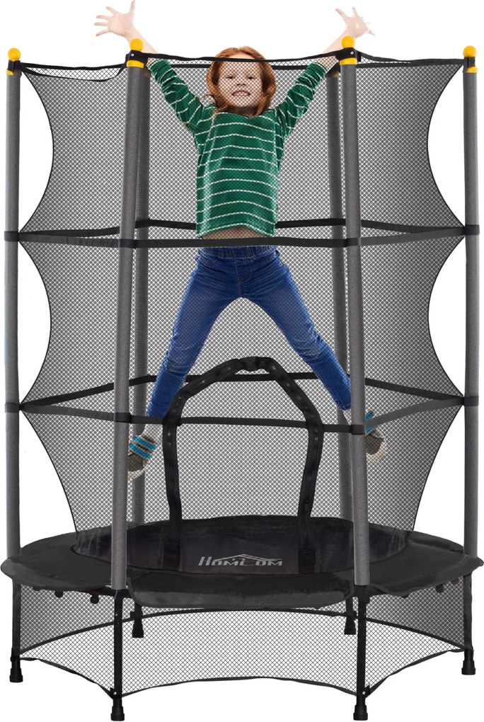 HOMCOM gyermek trambulin Ø140 cm, biztonsági hálóval, szélső védőszóval, kerti trambulin 3-10 éves gyerekeknek, max 50 kg terhelhetőséggel, fekete | A