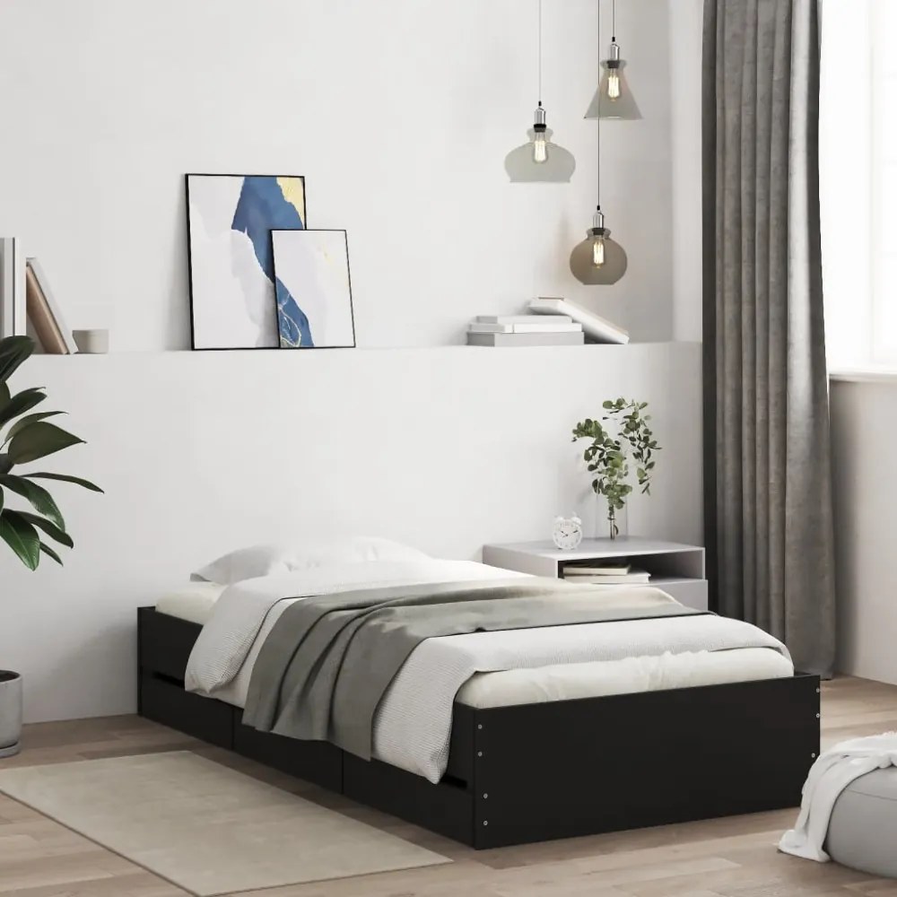 fekete szerelt fa ágykeret fiókokkal 100 x 200 cm