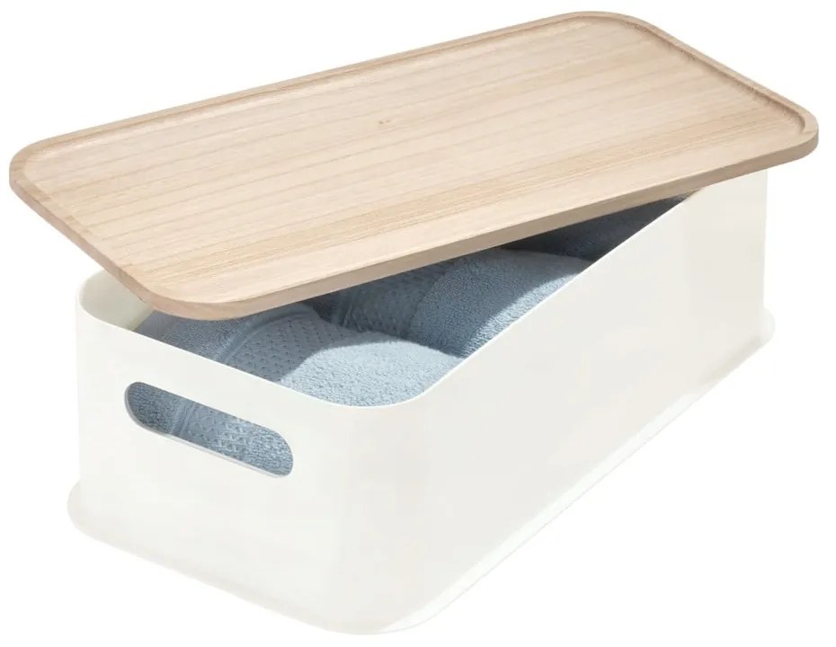 Eco Handled fehér tárolódoboz paulownia fa fedéllel, 21,3 x 43 cm - iDesign