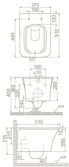 CeraStyle IBIZA fali WC - szögletes - rimless - perem nélküli - 51 cm