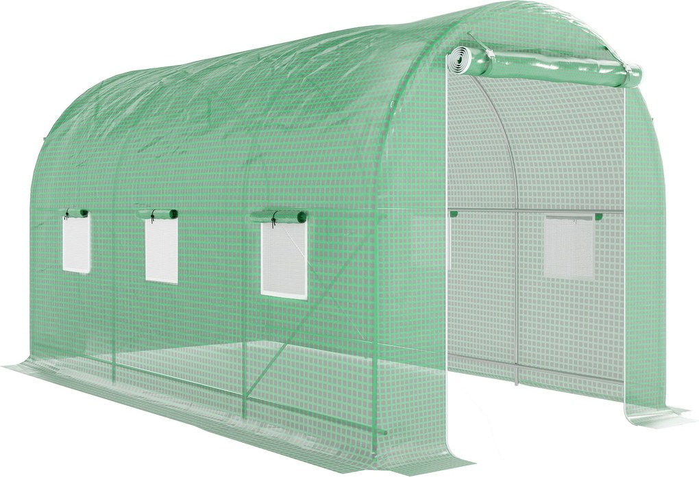 Outsunny Tunneles Üvegház 400x200x205 cm Kerti Üvegház Rolós Ajtóval és 6 Ablakkal, 140 g/m² PE Borítással, Fém Váz a Növények és Zöldségek Növesztésé