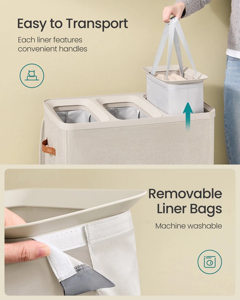 Szennyestartó Kosár, 190 L-es, 3 Rekeszes Szennyeskosár, 64 x 40 x 75 cm, Cappuccino Bézs