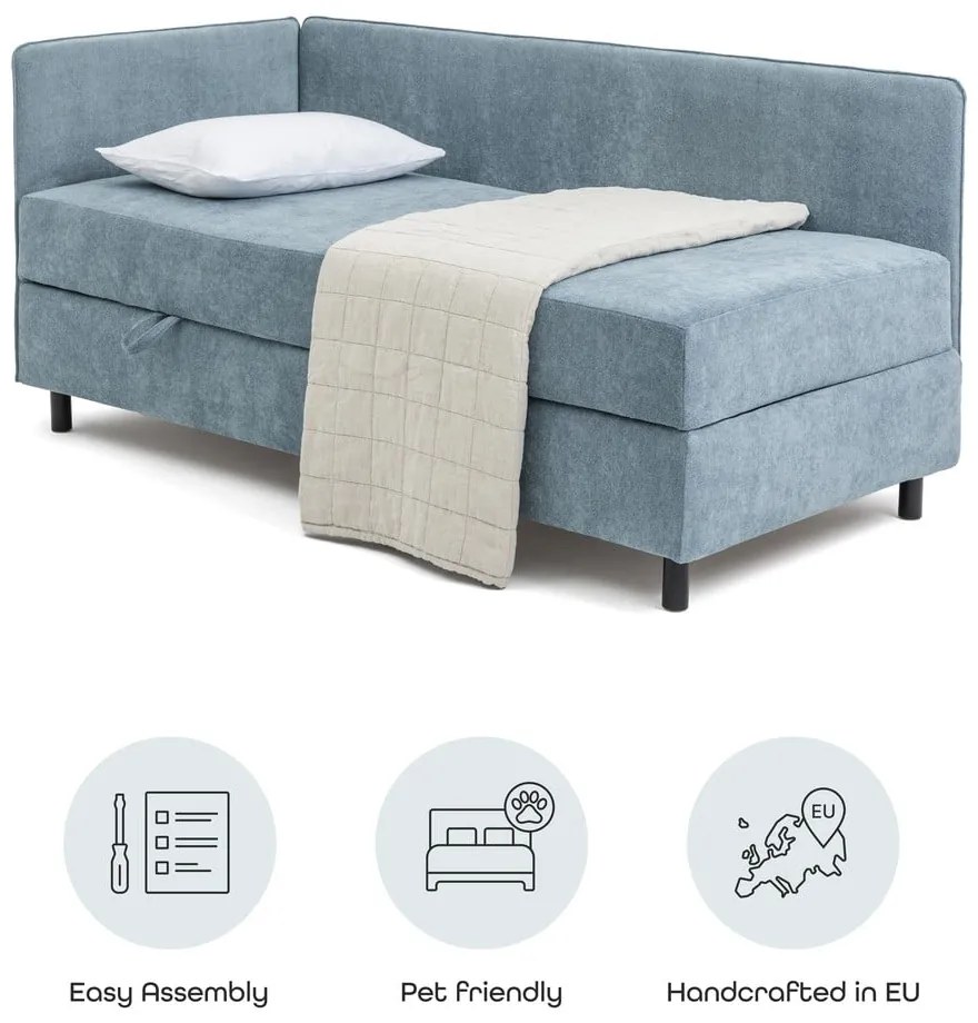 Kék kárpitozott ágyneműtartós egyszemélyes ágy matraccal 90x200 cm Avela – Bonami Selection