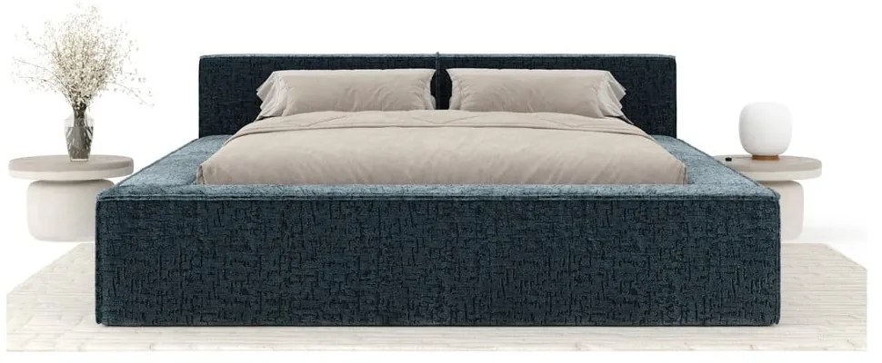 Szürkéskék kárpitozott ágyneműtartós franciaágy ágyráccsal 200x200 cm Voliera – Maison de Rêve