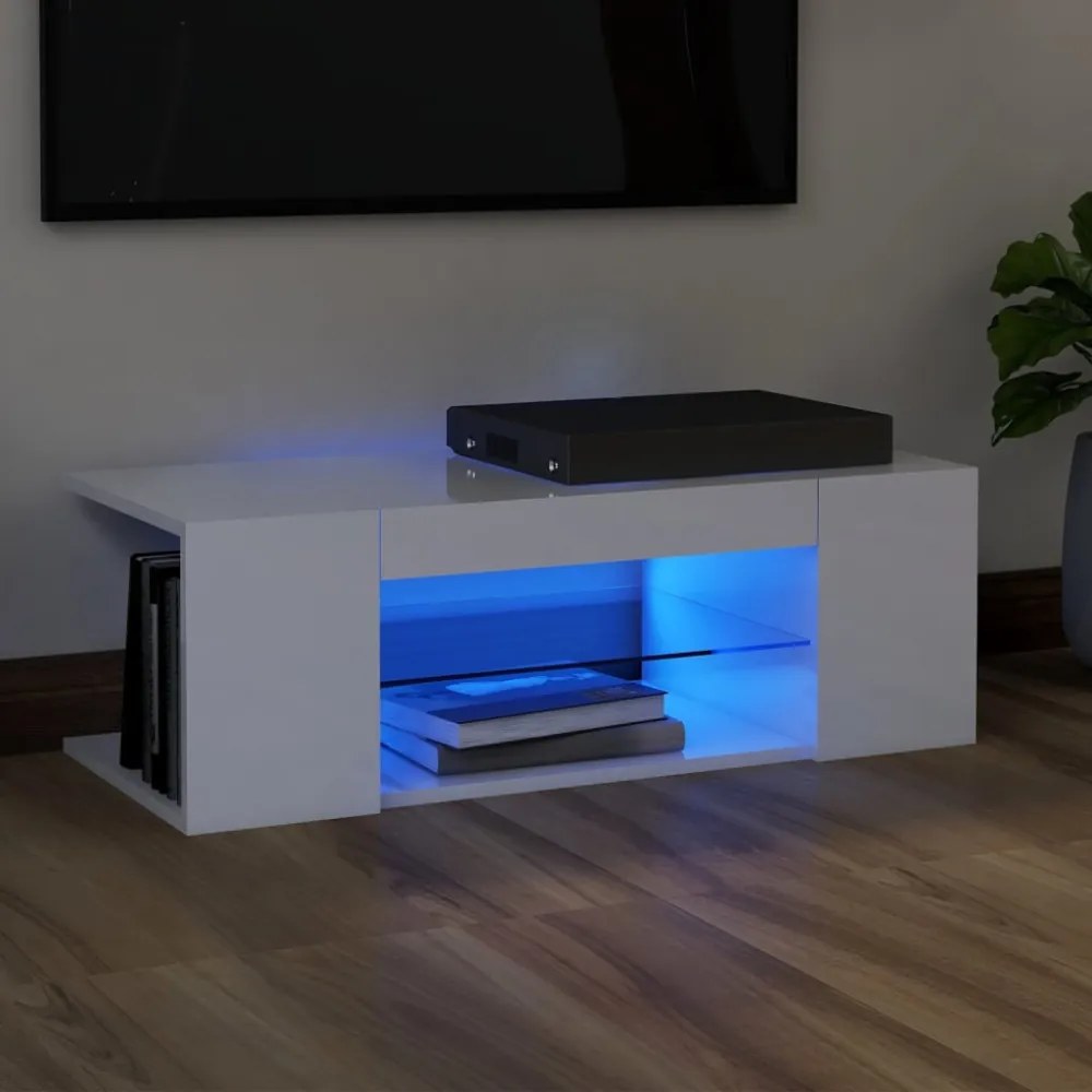 magasfényű fehér TV-szekrény LED lámpákkal 90 x 39 x 30 cm