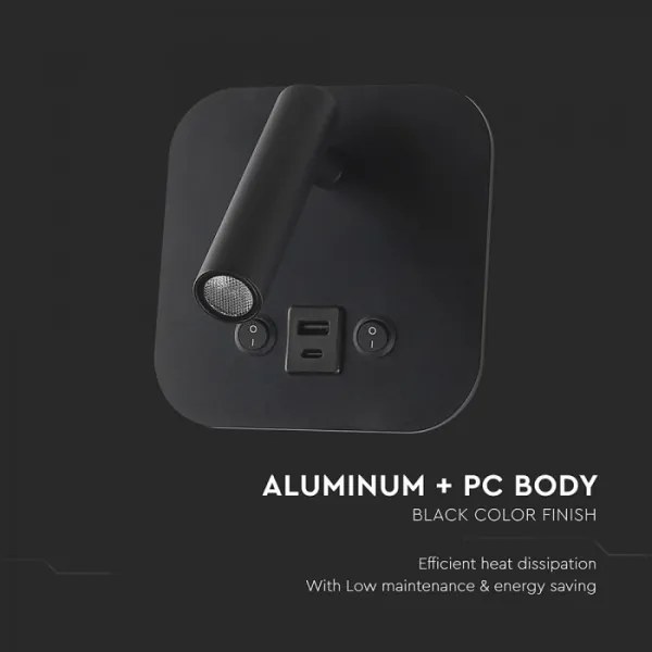 LED fali spotlámpa USB-porttal LED/8W/230V 3000K fekete