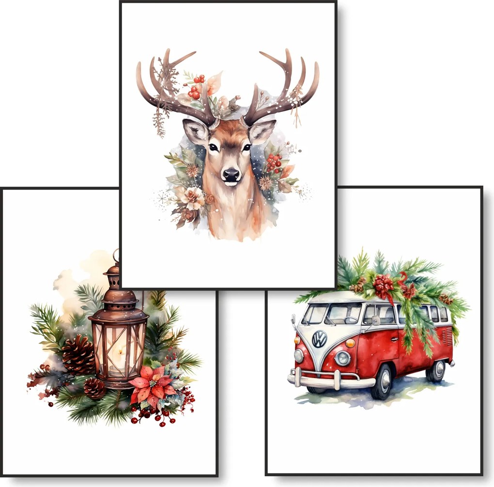 Boho Karácsonyi poszter szett 3 db poszter A1 59,4x84cm szarvas karácsonyfa #350