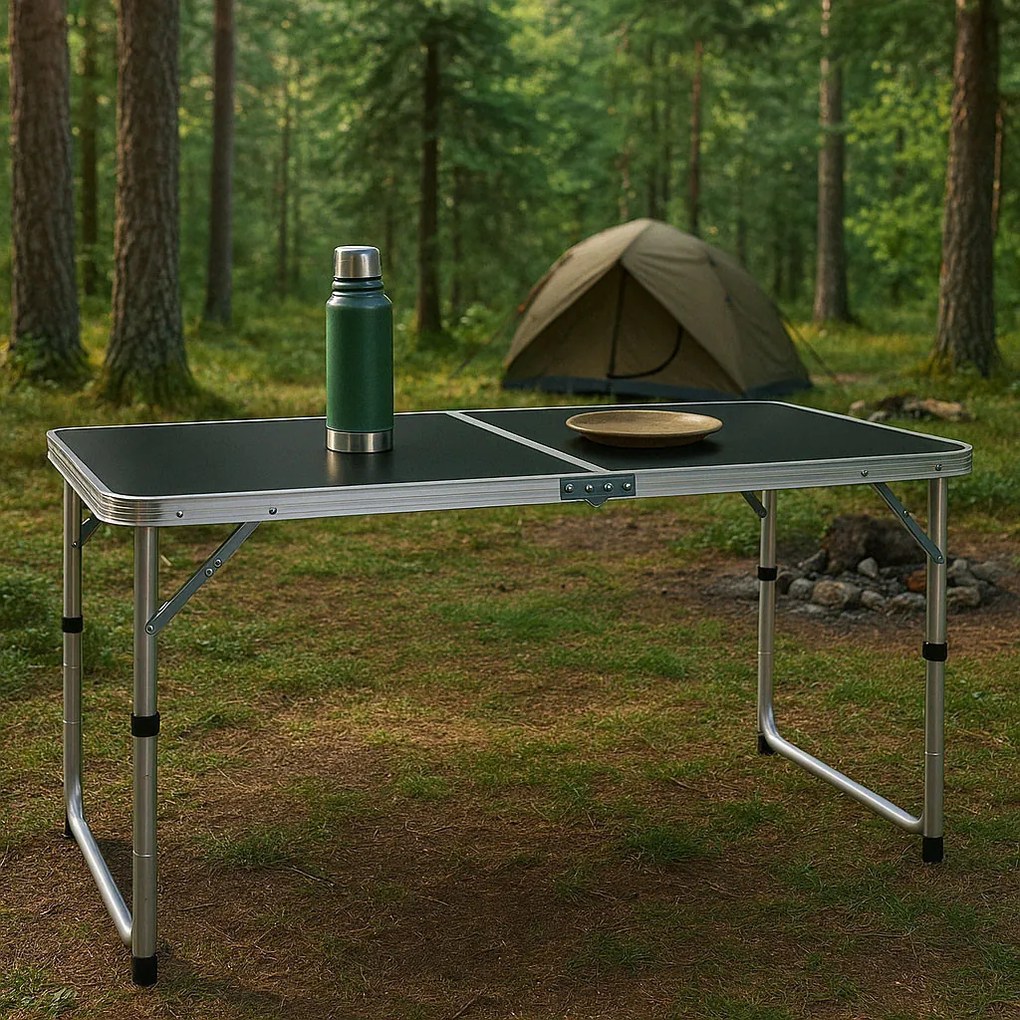Kerti asztal, MultiGarden GMFC-FY12060, fekete, 120 x 60 cm, összecsukható, állítható magasság (60–70 cm), hordfogantyúval, teherbírás: 50 kg