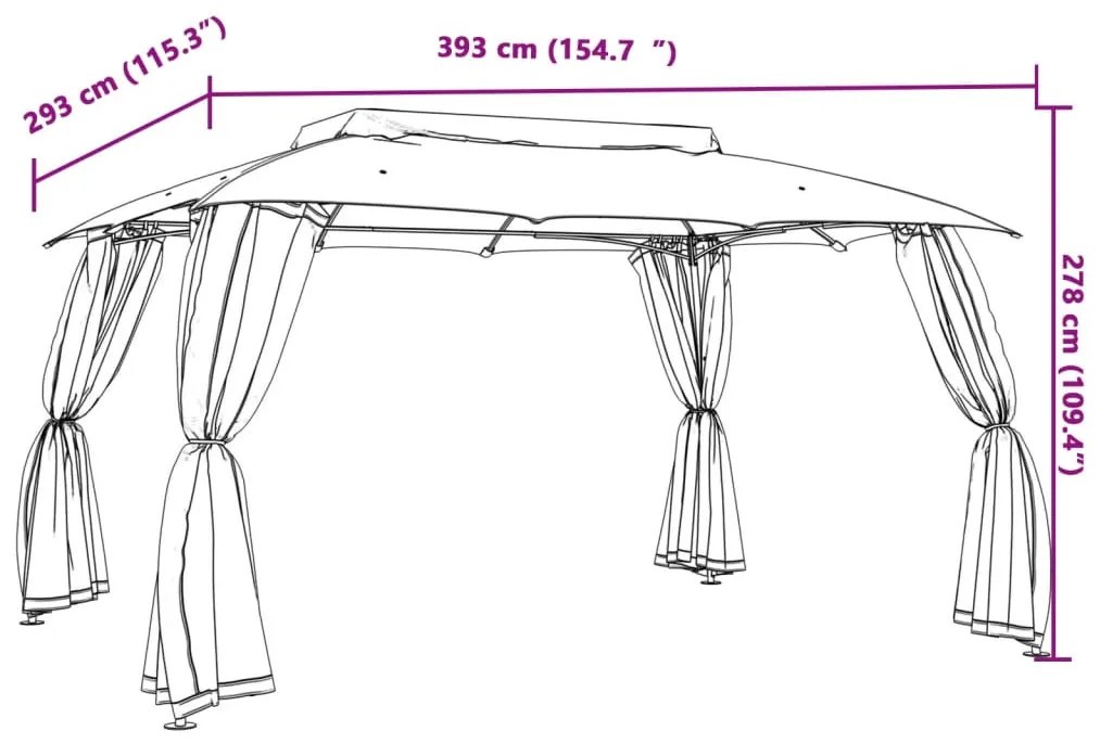 krémszínű acél dupla tetős pavilon hálós falakkal 3,93 x 2,93 m