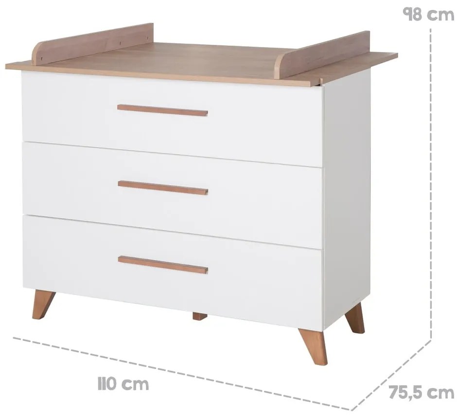 Fehér-natúr színű alacsony gyerek komód pelenkázó feltéttel, tölgyfa dekorral 110x98 cm – Roba