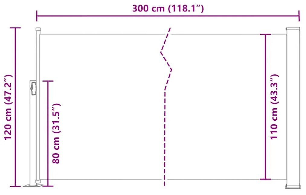 krémszínű behúzható oldalsó napellenző 120 x 300 cm