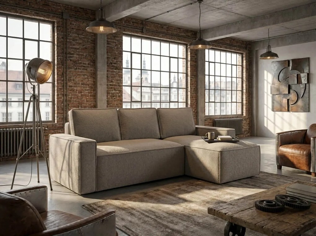 SMART BOUCLE L alakú kihúzható, megfordítható sarokkanapé 232x143 cm, szürkésbézs