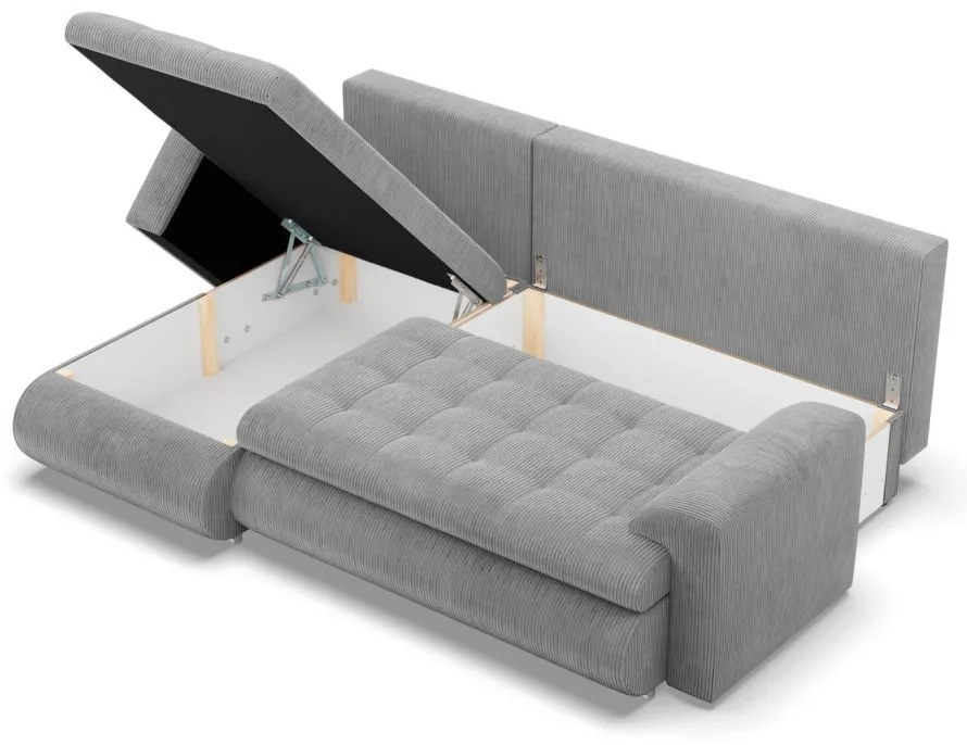 Tokio sarokkanapé, 2 ágyneműtartóval, kordbársony, baloldali, szürke