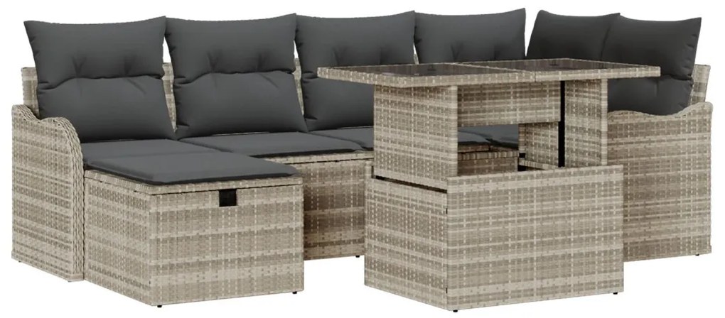 7 Darabos Kertibútor Készlet Párnákkal Világosszürke Poli Rattan, 2-Személyes Kertibútor Párnákkal Világosszürke Poli Rattan