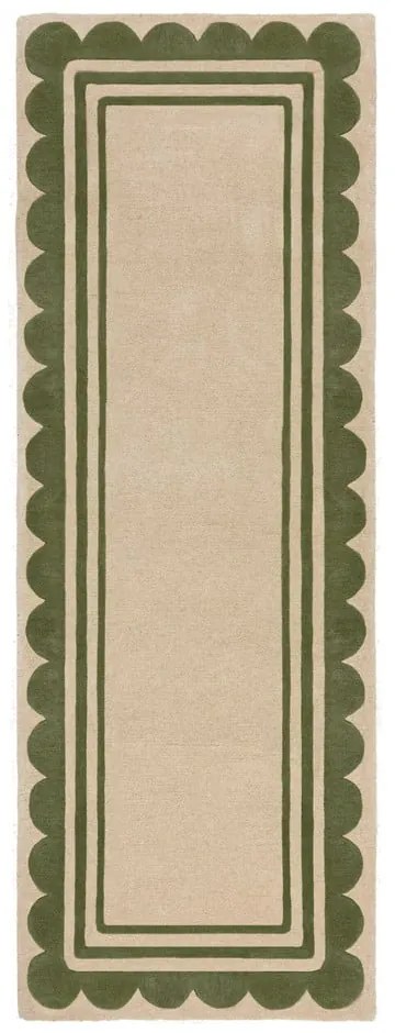Zöld-natúr színű kézi szövésű gyapjú futószőnyeg 80x230 cm Lois Scallop – Flair Rugs