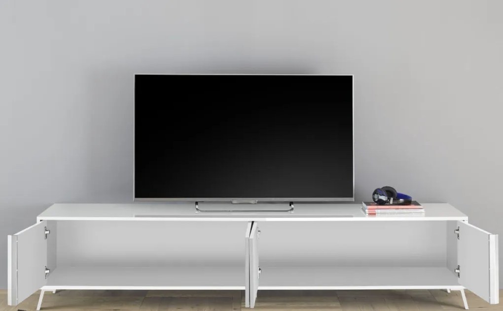 CITY Négyajtós TV-állvány, fehér, magasfényű lakkozott vázzal és előlapokkal