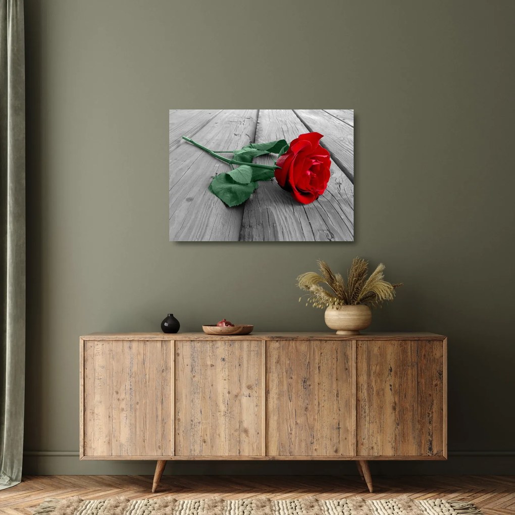 Üveg kép - Piros rózsa zöld szárral (70x50 cm)
