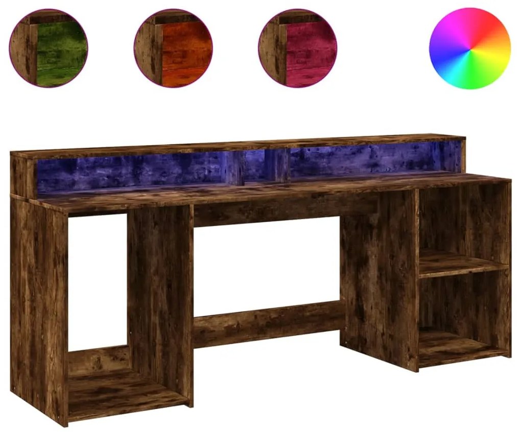 füstös tölgy színű szerelt fa íróasztal LED-ekkel 200x55x91 cm