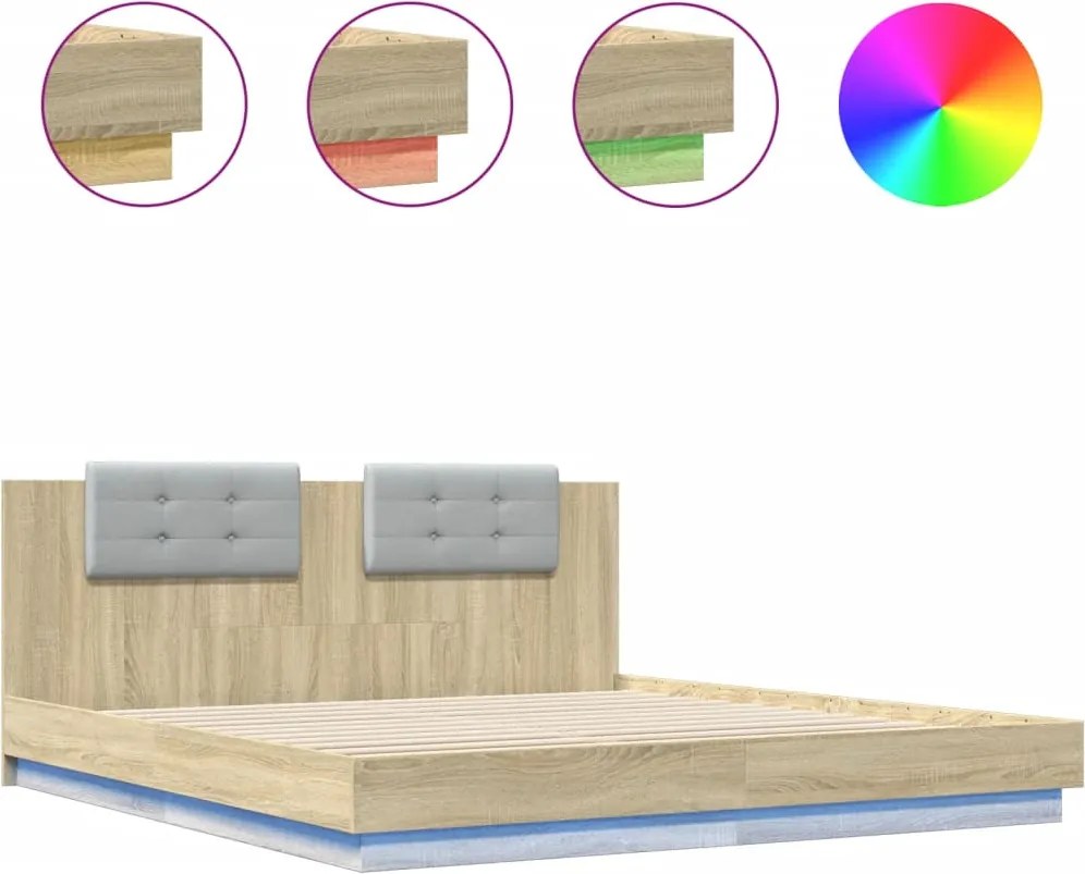 vidaXL sonoma tölgy színű ágykeret fejtámlával és LED-ekkel 200x200 cm