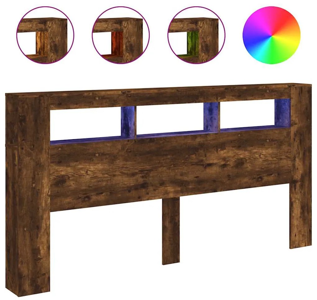 füstös tölgy színű szerelt fa LED-es fejtámla 200x18,5x103,5 cm