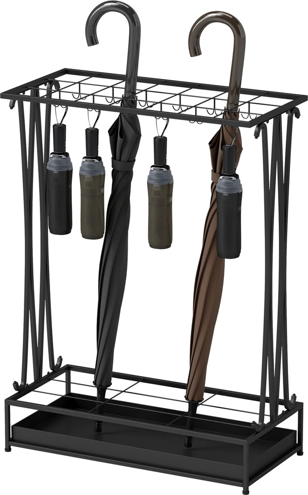 HOMCOM Fém Esernyő Tartó, Téglalap Alakú Esőernyő Állvány 24 Horoggal, 21 Nyílással, Kivehető Vízgyűjtő Tálcával 50 x 24 x 68 cm Fekete | Aosom