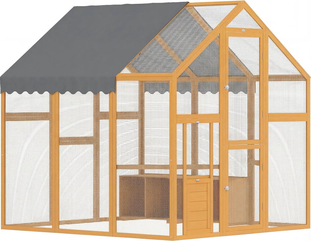 PawHut bejárható tyúkudvar, 3,07 m² — 1,7 x 1,8 x 1,8 m fából készült kifutó vízálló tetővel, biztonsági zárral, dupla ajtóval, 2 fészekkel, 2 ülőrúdd