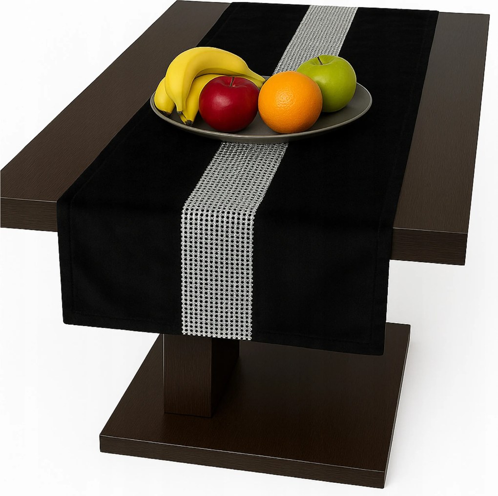 Asztalterítő Velúr Cirkóniákkal 40x220 fekete dekoratív futófelület