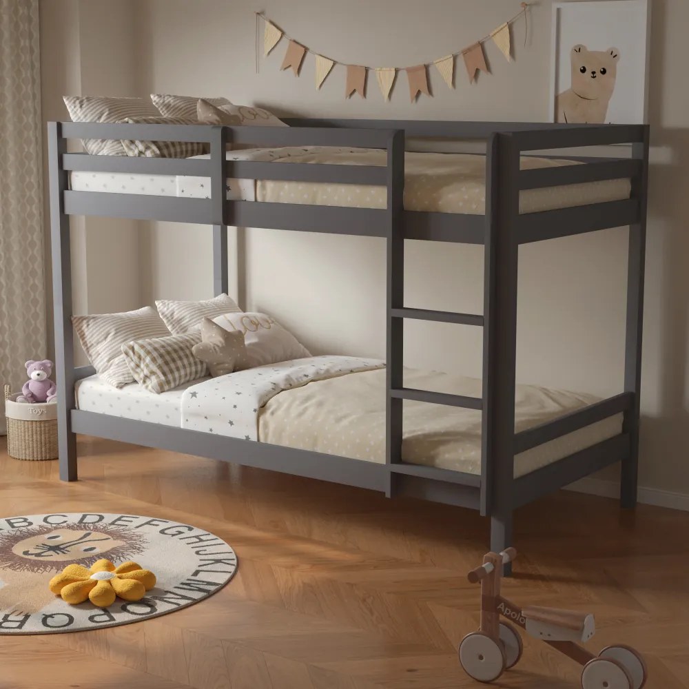 Emeletes ágy, 90x200, tömör fa, szürke, INEZA