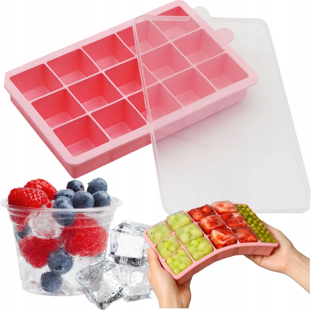 Szilikon Jégkockatartó 15 Db-os Forma Fedővel Rózsaszín XXL Montessa