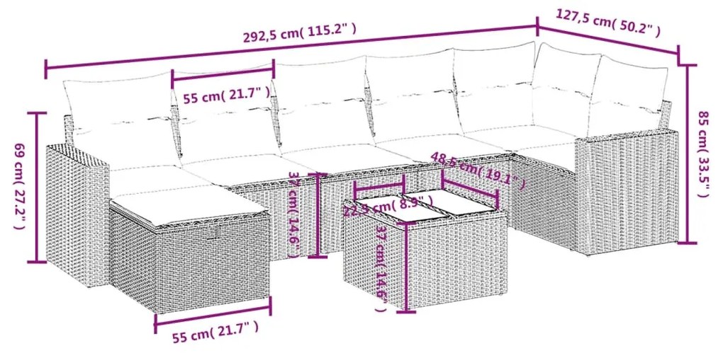 8 részes világosszürke polyrattan kerti ülőgarnitúra párnával