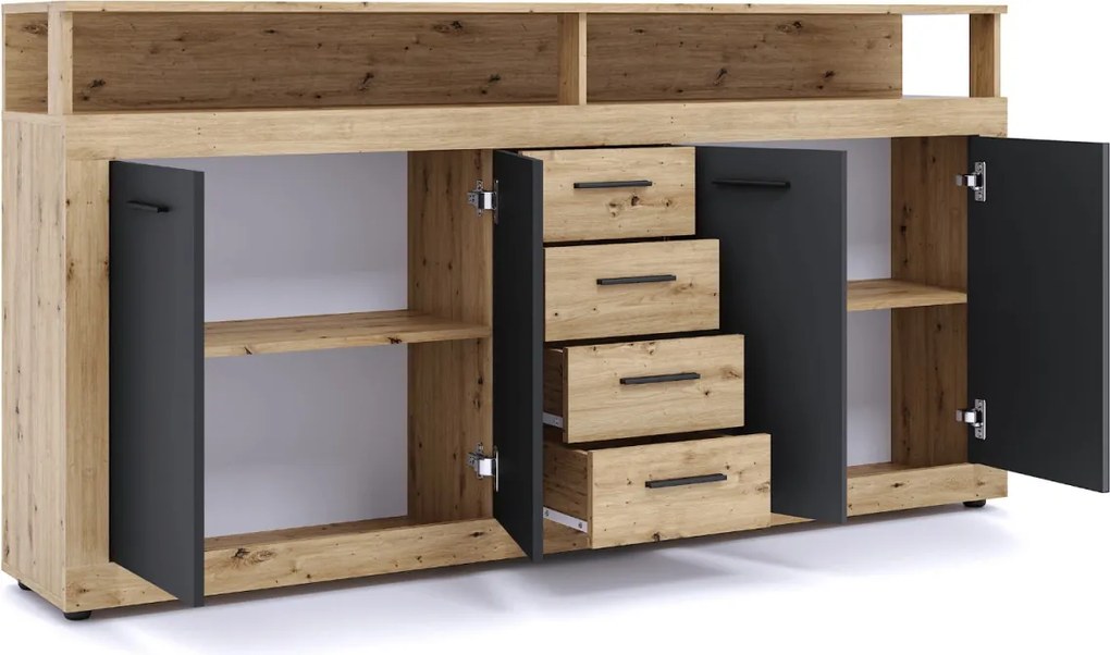 Komód 190 cm méretben, artisan tölgy/fekete színben BLAGO