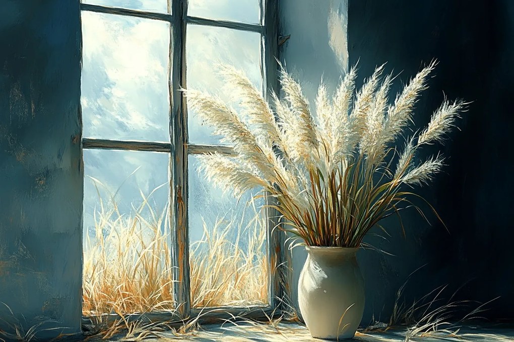 Vászonkép Canvas Ablak Dekoráció Fű Dekoratív Pampas Váza 60x40
