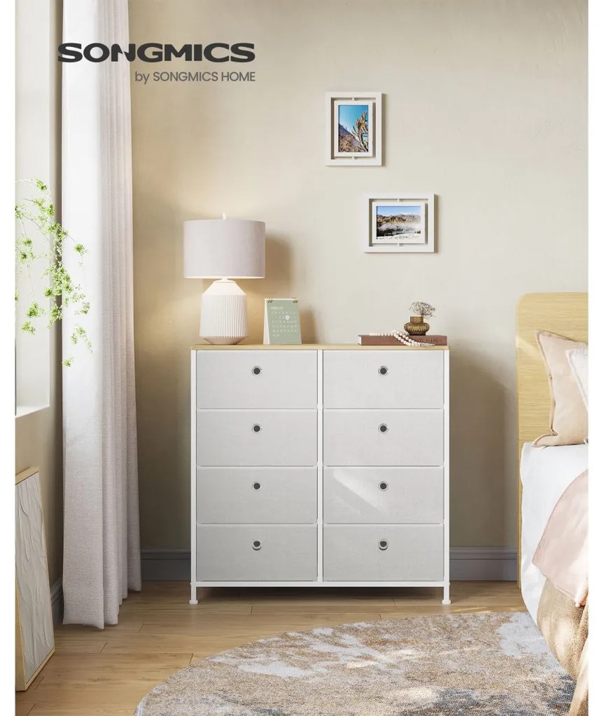 Tároló szekrény 8 szövet fiókkal, ruhás szekrény, fehér, szürke és tölgy 80x30x81cm