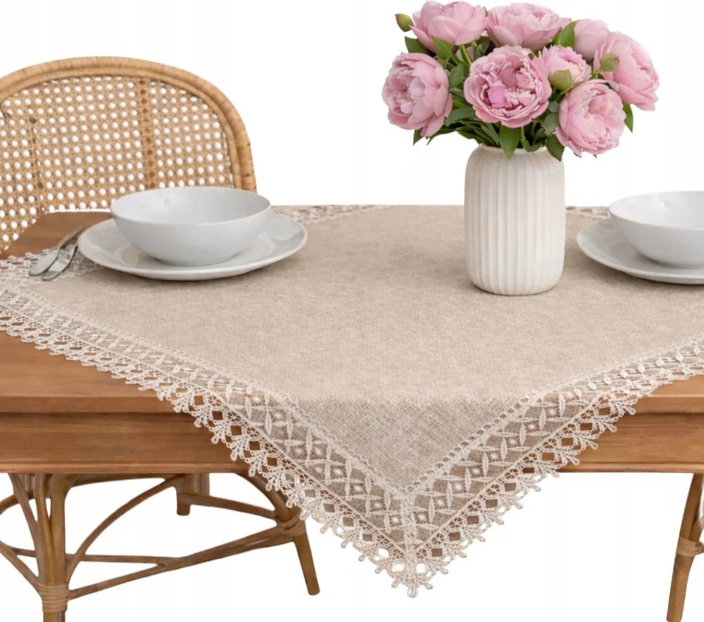 Abrosz szögletes Bézs gipiurával asztalra Négyzet rátét 85x85 elegáns