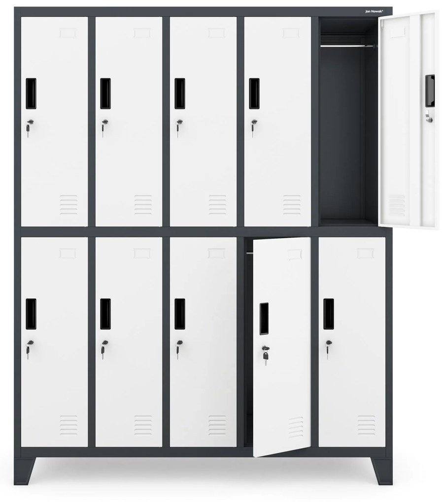 10 rekeszes öltözőszekrény lábakon BARTEK, 1360 x 1720 x 450 mm, antracit-fehér