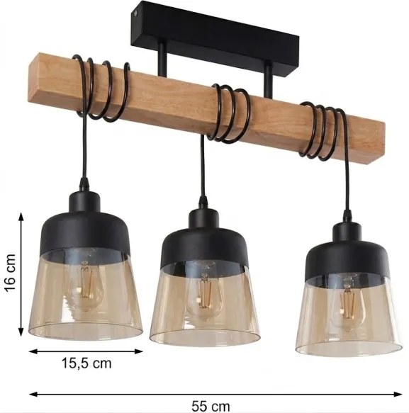 BRILAGI - Ráépített csillár WOOD GLASS 3xE27/60W/230V fenyő/fekete/füstbarna