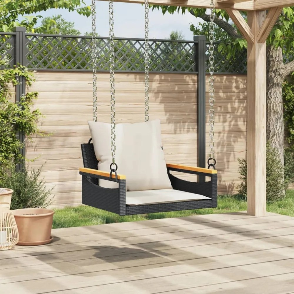 fekete polyrattan hintapad párnákkal 63 x 62 x 40 cm