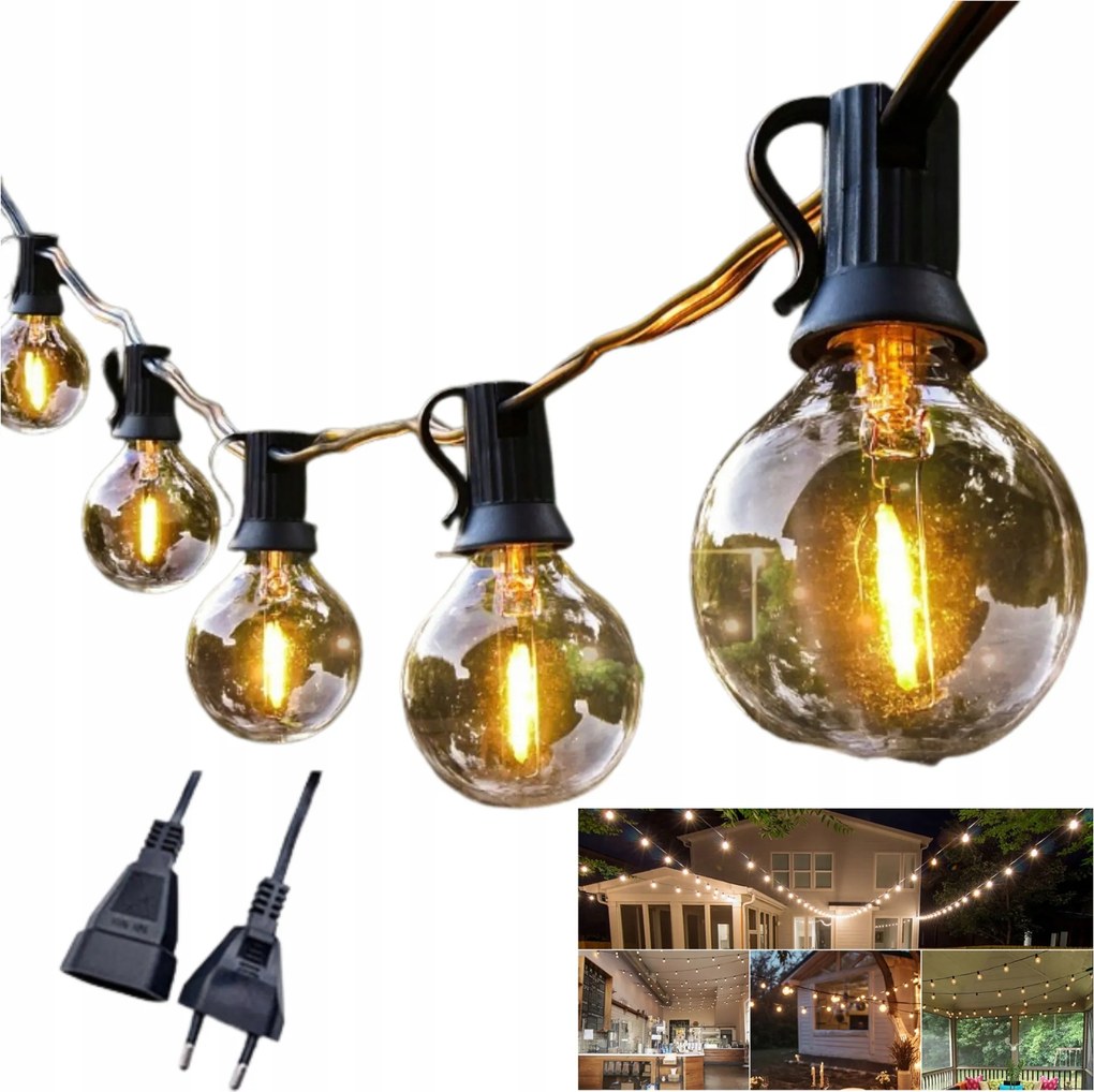 Kültéri Hálózati Kerti Fényfüzér 30 Led 9M Izzó G40 Terasz Lámpa